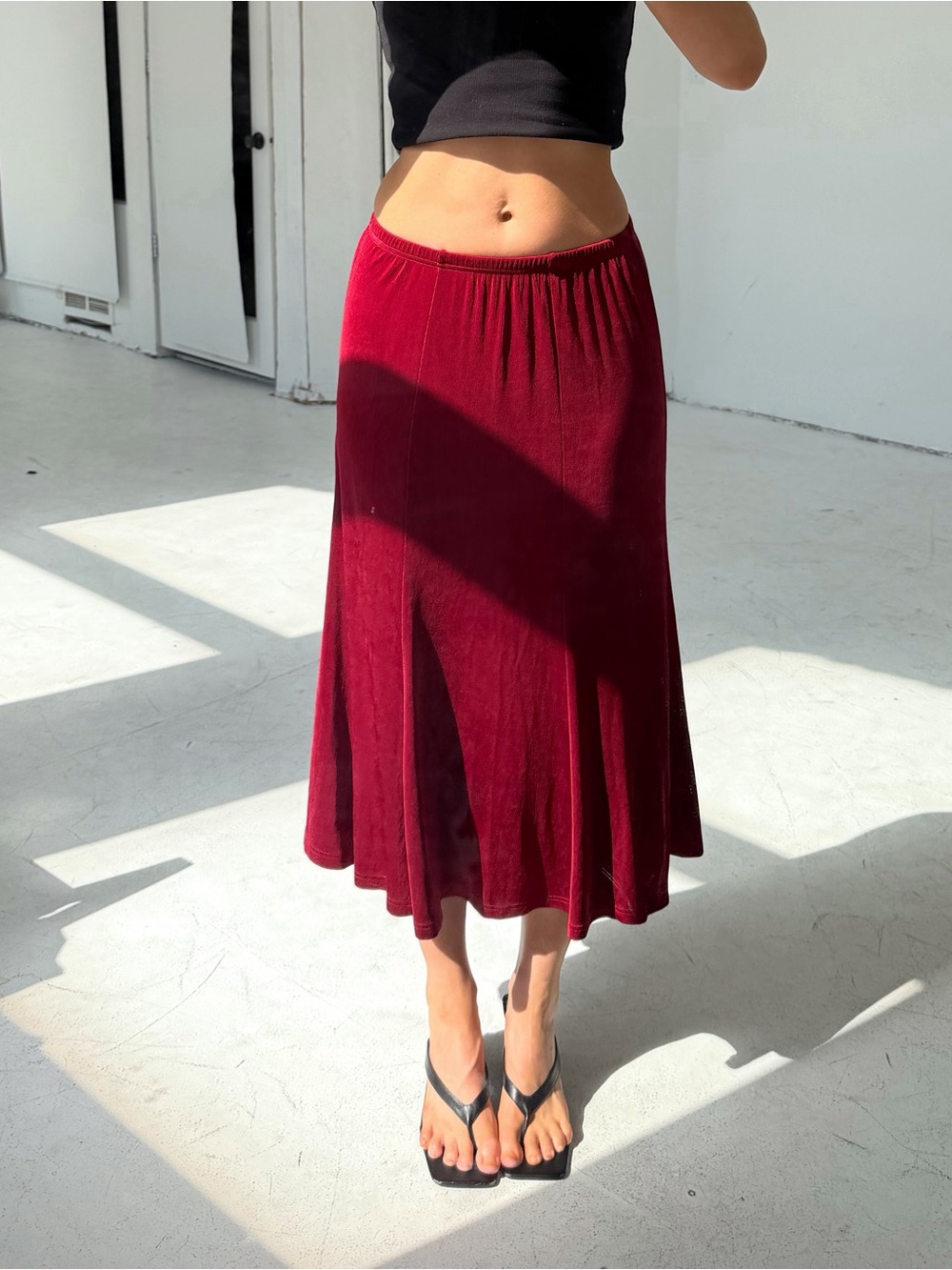 90s Burgundy Slinky Midi Skirt
